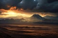 silhouette of volcanic landscape under stormy sky