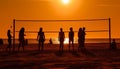 Silhouette volleyball game at sunset on beach generated by AI