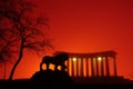 The silhouette of the Vorontsov colonnade and a lion in heavy fog and the light of lights. night photo. Odessa.