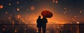 Silhouette of walking couple under umbrella in the night. Love in the rain, romantic scene Royalty Free Stock Photo