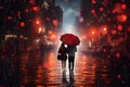 Silhouette of walking couple under umbrella in the night. Love in the rain, romantic scene Royalty Free Stock Photo