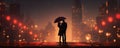 Silhouette of walking couple under umbrella in the night. Love in the rain, romantic scene