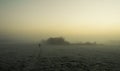 Silhouette walking in the fog on a frosty field