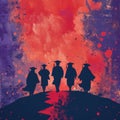 Silhouette of walking graduate students with graduation caps on background of color splashes and blots. Graduation event, Royalty Free Stock Photo