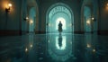 Silhouette Walking Through Grand Arched Hallway Interior