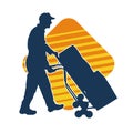 Silhouette of a warehouse worker push a lori chart or hand truck tool transporting boxes. Royalty Free Stock Photo