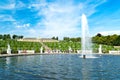 Silhouette of water fountain and Sanssouci palace in Sanssouci park.