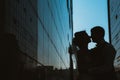 Silhouette Wedding couple on background mirror buildings