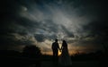 Silhouette of wedding couple in field