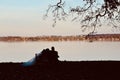 Silhouette Wedding Couple on Seneca Lake, Sunset Royalty Free Stock Photo