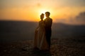 silhouette of wedding Couple statue holding hand together during sunset with evening sky background. Wedding concept. Royalty Free Stock Photo