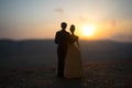 silhouette of wedding Couple statue holding hand together during sunset with evening sky background. Wedding concept. Royalty Free Stock Photo