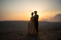 silhouette of wedding Couple statue holding hand together during sunset with evening sky background. Wedding concept. Royalty Free Stock Photo