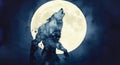 A silhouette of a werewolf howling in front of a large, full moon. The scene uses a Royalty Free Stock Photo