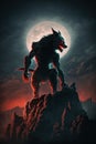 silhouette of werewolf on top of a cliff at night on full moon. Generative AI illustration Royalty Free Stock Photo