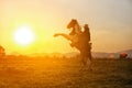 Silhouette of western riders against amber colored sunset Royalty Free Stock Photo