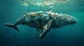 Silhouette of a whale floating in the ocean, the whale consists of empty bottles, paper, food residues, other garbage, human waste