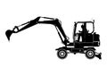 Silhouette of a wheeled excavator .