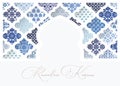 Silhouette of white oranmental mosque window decorated by blue arabic tiles. Greeting card, invitation for Muslim