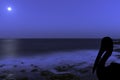 Silhouette of a wild pelican with moon over the ocean - Los Cocoteros, Lanzarote Royalty Free Stock Photo