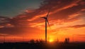 Silhouette of wind turbine spinning against moody sunset sky generated by AI