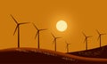 Silhouette wind turbines on mountain farmland grass field with sunset sky background. Vector illustration Design