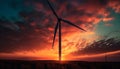 Silhouette of wind turbines spinning against moody sunset sky generated by AI