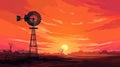 The silhouette of a windmill against the background of an orangepink sunset of the evening sky Royalty Free Stock Photo