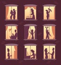 Silhouette in windows. People in night home lighting in house appartment vector silhouettes