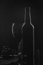 Silhouette of a wine bottle, a wine glass and grapes onn black background Royalty Free Stock Photo