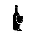 Silhouette wine bottle with glass. Outline alcohol icon. Black illustration of classic drink set. Flat isolated vector, white Royalty Free Stock Photo