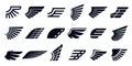 Silhouette wing icons. Bird wings, fast eagle emblem and decorative ornament angel wing stencil symbols vector bundle