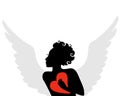 Silhouette of a winged cupid with a red heart in hand