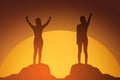 Silhouette of winning success woman at sunset or sunrise standing and raising up her hand in celebration.business success concept