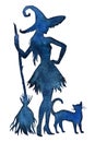 Silhouette Of Witch  With  Broom  And Cat, Watercolor Vector Illustration