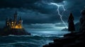 Silhouette of a witch with a broom overlooking a stormy sea by a cliffside castle. Thunderstorm with lightning over Royalty Free Stock Photo