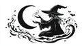 Halloween Witch Spell Casting with Crescent Moon, Bats, and Smoke - Black and White Design Royalty Free Stock Photo