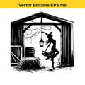silhouette of a witch dancing inside a barn with a hay bale, barrel, and lantern, evoking a rustic halloween atmosphere Royalty Free Stock Photo