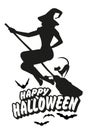 Silhouette of witch flying on a broom with a black cat. Happy Halloween text surrounded by bats isolated on white background Royalty Free Stock Photo