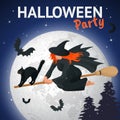 Silhouette of a witch flying on a broomstick across a full moon at twilight for Halloween. Halloween party. Vector Royalty Free Stock Photo