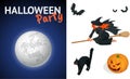 Silhouette of a witch flying on a broomstick across a full moon at twilight for Halloween. Halloween party. Vector Royalty Free Stock Photo