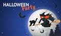 Silhouette of a witch flying on a broomstick across a full moon at twilight for Halloween. Halloween party. Vector Royalty Free Stock Photo