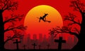 Silhouette of a witch flying on a broomstick and old branchy oaks near the cemetery against the backdrop of the setting sun and