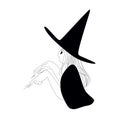 Silhouette of a witch with hat that conjures.Black and white witch on a white background.Halloween.Vector illustration