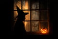 Silhouette of witch peering through old leaded window, jack-o\'-lantern on sill, flickering candle Royalty Free Stock Photo