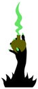 Silhouette of a witch`s hand and a bottle with a love potion. A vessel in the shape of a green heart.