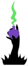 Silhouette of a witch`s hand and a bottle with a love potion. A vessel in the shape of a purple heart. Magic green pairs