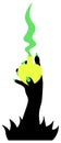 Silhouette of a witch`s hand and a bottle with a love potion. A vessel in the shape of a yellow heart. Magic green pairs