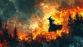 A Silhouette of a Witch Soaring Through the Scorched Sky Above a Raging Forest Fire Underneath a Dark and Turbulent Cloudscape Royalty Free Stock Photo