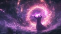 Silhouette of a Wizard Casting a Spell Amidst a Cosmic Nebula Royalty Free Stock Photo